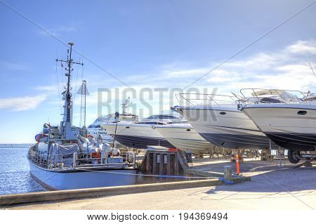 Drager Denmark - May 02.2013: Yacht parking in a bay near the village of Drager