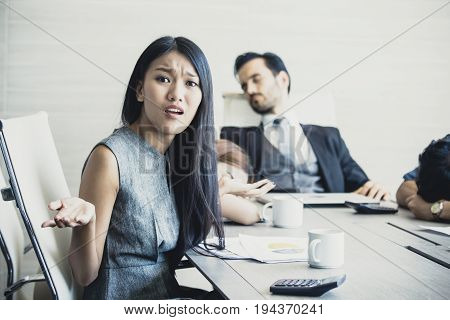 Asian Woman Feeling Unhappy With Team Team Connot Work With Her Business Overtime Concept 20-30 Year