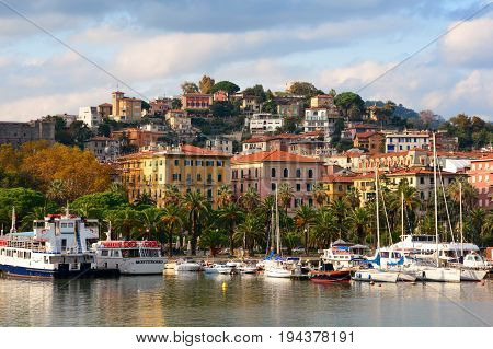 La Spezia Italy,October 22nd 2013.The beautiful quaint city of La Spezia Italy with its boat filled marina, hotels and local architecture.