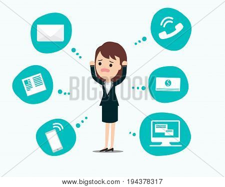 Businesswoman stress pressure, business mental issues, concept vector icons with pictogram computer,money,news,telephone call,e-mail. Pressure mental and depression