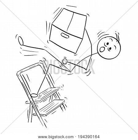 Cartoon vector stick man stickman drawing of man holding large paper box and falling from the top of the stepladder ladder.