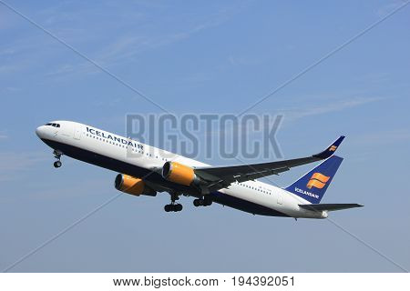 Amsterdam the Netherlands - May 6th 2017: TF-ISN Icelandair Boeing 767-300 takeoff from Polderbaan runway Amsterdam Schiphol Airport