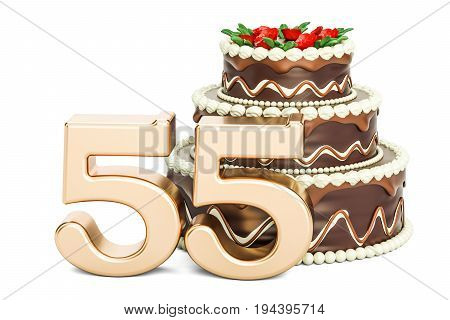 Chocolate Birthday cake with golden number 55 3D rendering isolated on white background
