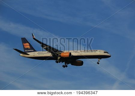Amsterdam the Netherlands - July 7th 2017: TF-ISK Icelandair Boeing 757 approaching Schiphol Amsterdam Airport Polderbaan runway