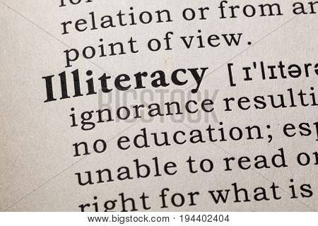 Fake Dictionary Dictionary definition of the word illiteracy. including key descriptive words.