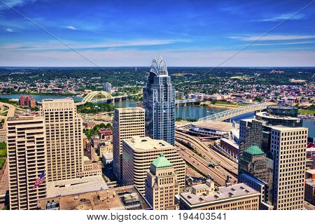 Aerial view of Cincinnati, Ohio looking toward Kentucky