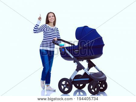 Full length portrait of a mother with a stroller, isolated on white background
