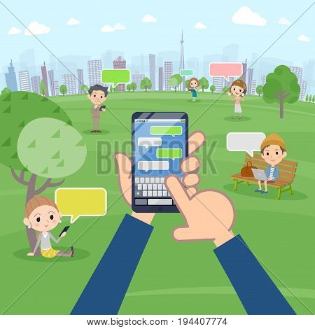 A lot of people enjoying SNS in the park vector image