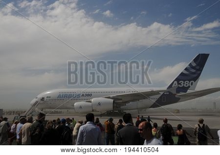 BERLIN, GERMANY - JUNE 11, 2010. Demo flight of the Airbus A380 at the Internationale Luftfahrt Ausstelling, ILA in Berlin on June 11. The A380 is the largest passenger airliner in the world.