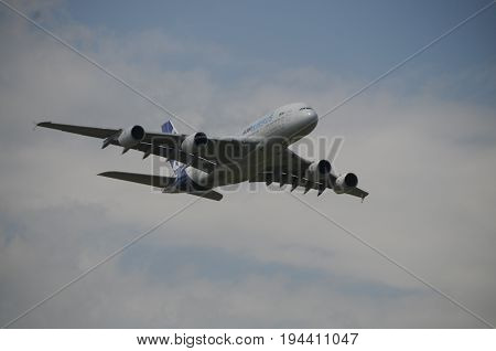 BERLIN, GERMANY - JUNE 11, 2010. Demo flight of the Airbus A380 at the Internationale Luftfahrt Ausstelling, ILA in Berlin on June 11. The A380 is the largest passenger airliner in the world.