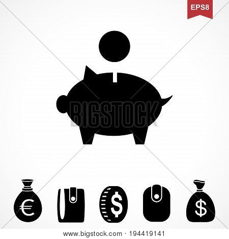 Money Dollar Icon or Flat Sign. National USA CurrencySymbol Isolated. Piggy Bank Pictogram