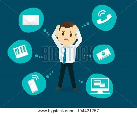 Businessman stress pressure business mental issues concept vector icons with pictogram computermoneynewstelephone calle-mail. Pressure mental and depression