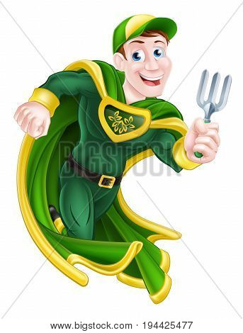 A cartoon super hero gardener character holding a garden fork tool