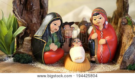 Peruvian Holy Family With South America Dressed With Two Animals