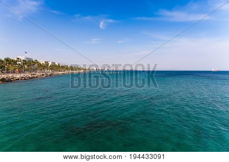LARNACA CYPRUS - MAY 29 2014 : View of Larnaca seafront (Embankment) from pier. Larnaca - is a city on southern coast of Cyprus island.
