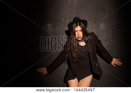 sexy girl in underwear and jacket is black wall 1