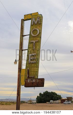 Ludlow California USA - October 29 2015:The Bagdad Cafe from the 1960s along Route 66 in the Mojave Desert that was made famous upon the release of the 1987 German film under the same name.
