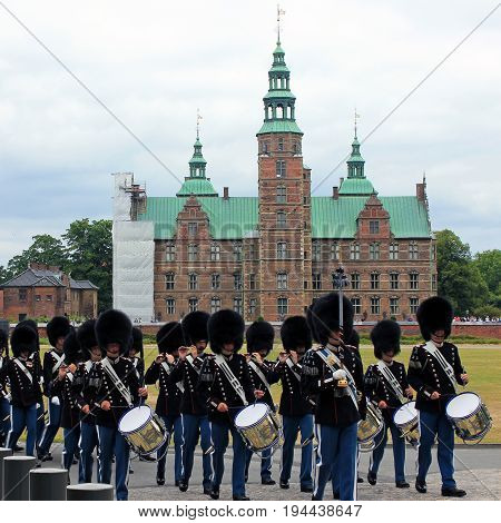 COPENHAGEN, DENMARK - APRIL 22, 2017 : Royal guardsmen in square of Royal castle Amalienborg, Copenhagen, Denmark