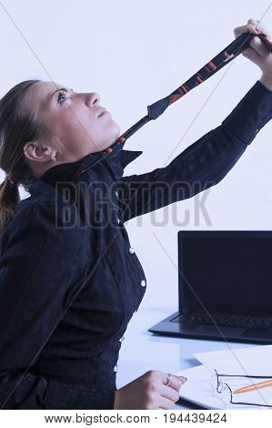 I hate my office work. I can not more work here!!! Office hell. Woman going crazy with work. Low wages overtime working hours lack of career prospects concept. (Body language gestures psychology)