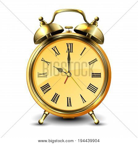 Golden retro style alarm clock isolated on white background. Vector illustration.