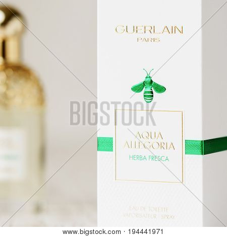 Moscow Russia, Juy 6, 2017: Package And Bottle Of Eau De Toilette Guerlain Aqua Allegoria Herba Fres