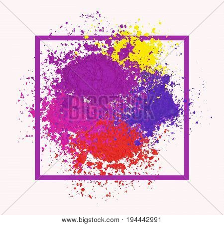 Vector bright colorful banner with powder splashes. Colorful Happy Holi background. Abstract Holi powder texture. Rainbow colored banner design.