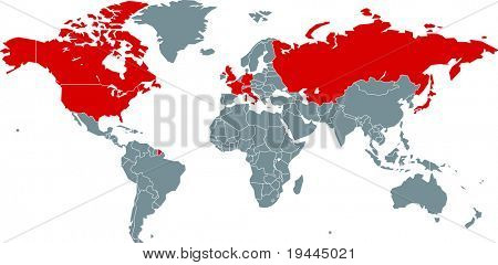 Nazioni del G8 sulla mappa del mondo