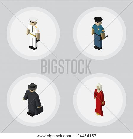 Isometric Person Set Of Seaman, Officer, Female And Other Vector Objects. Also Includes Policeman, Sailor, Agent Elements.