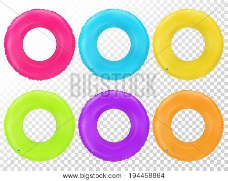 Swim rings set. Inflatable rubber toy. Lifebyou colorful vector collection. Realistic summertime illustration. Summer vacation or trip safety item. Top view swiming circle for ocean sea pool.
