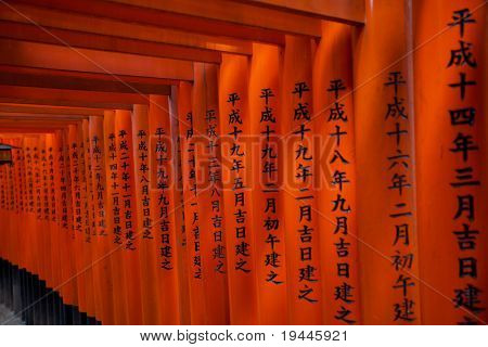Torii gates na Fushimi Inari Shrine v Kjótu, Japonsko.