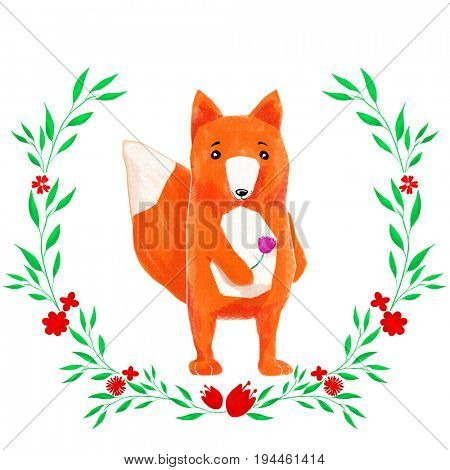 Cute cartoon watercolor pastel fox forest animal. Hand painted lovely baby fox illustration perfect for print and card making. Woodland wild orange fox