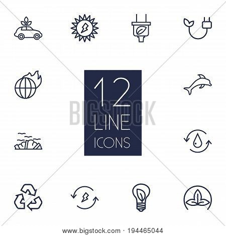 Set Of 12 Atmosphere Outline Icons Set.Collection Of Electricity, Renewable Energy, Ecol And Other Elements.