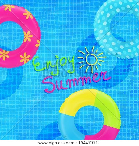 Swim rings on swimming pool water background. Inflatable rubber toy. Realistic summertime illustration. Summer vacation or trip safety item. Top view swimming circles.