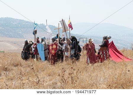 Tiberias Israel July 01 2017 : Participants in the reconstruction of Horns of Hattin battle in 1187 prepare for the decisive battle near Tiberias Israel