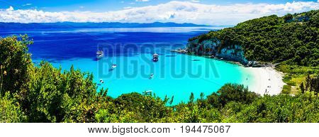 turquoise beautiful beach Voutoumi in Antipaxos island, Greece