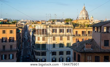 Early sunset view on Rome with San Carlo al Corso dome and piazza di Spagna, autumn Italy