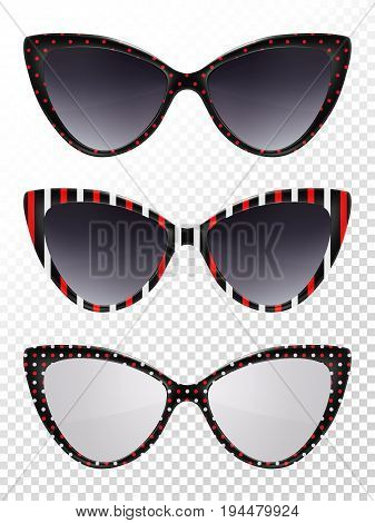 Sunglasses set. Trendy sunglasses colors. Summer eyeglasses. Fashion collection. Summer vacation item. Sunglasses for tropical trip. Cat eye rim style. Retro trend vector.