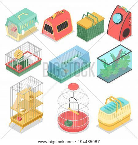 Isometric Pet Carriers with Aquarium and Portable House for Cat, Hamster and Bird. Vector flat 3d illustration