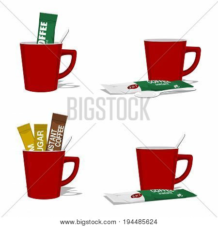 set composition of instant coffee with cup on transparent background
