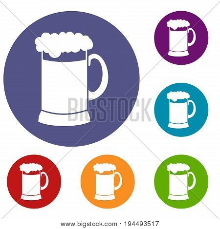 Mug of dark beer icons set in flat circle reb, blue and green color for web