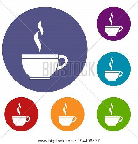 Glass cup of tea icons set in flat circle reb, blue and green color for web