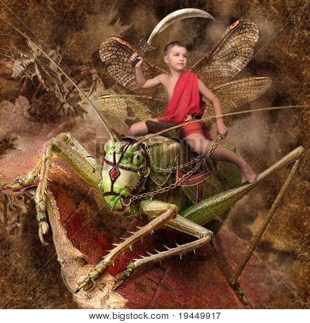 boy warrior riding on grasshoppers