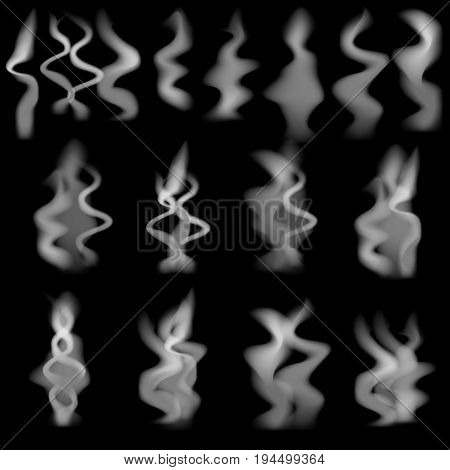 Set of smoke steam on a dark background. white smooth smoke effect background isolated decoration design element abstract cloud texture curve wave of fog in motion vector illustration light steam from fire in shape