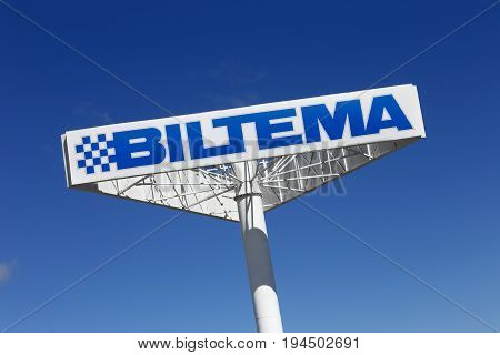 Sodertalje Sweden - June 21 2017: The sign for the retail store Biltema selling car supplies tools and leisure products.