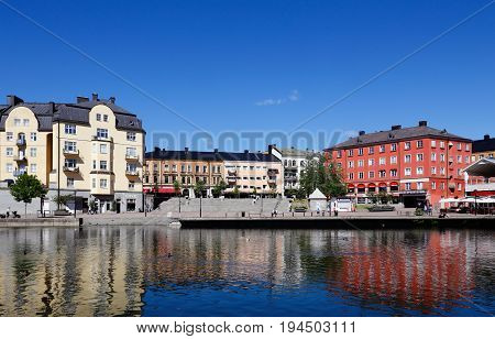 Sodertalje Sweden - June 27 2017: Buildings with waterfront in the city center of Sodertalje at Maren.