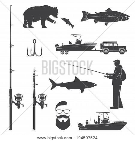 Set of fishing icon. Vector illustration. Set include fish rod and rainbow trout silhouette.