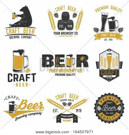 Set of Craft Beer badges with hops, raven and bear. Vector illustration. Vintage design for bar, pub and restaurant business. Coaster for beer.