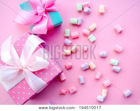 Colorful Mini Marshmallows Background, Close-up Texture. A Pile Of Different Mini White, Pink And Or