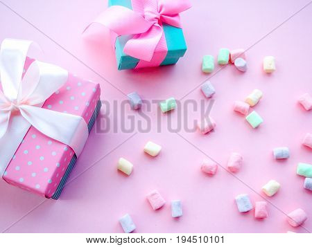 Colorful Mini Marshmallows Background, Close-up Texture. A Pile Of Different Mini White, Pink And Or
