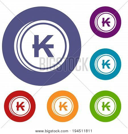 Coins lao kip icons set in flat circle reb, blue and green color for web